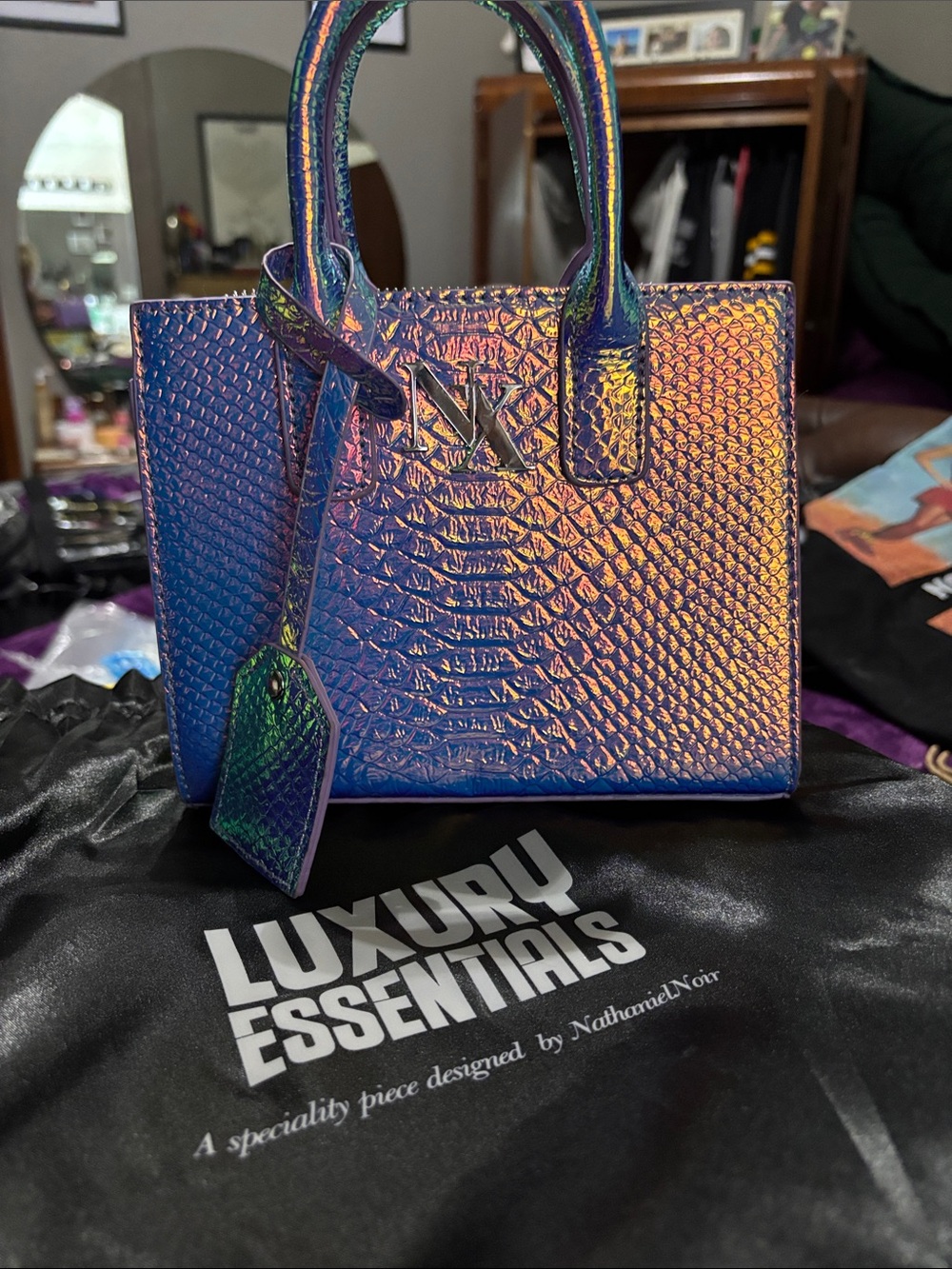 Nathaniel Noir Luxury Essentials Iridescent Blue-Purple Tote Bag by